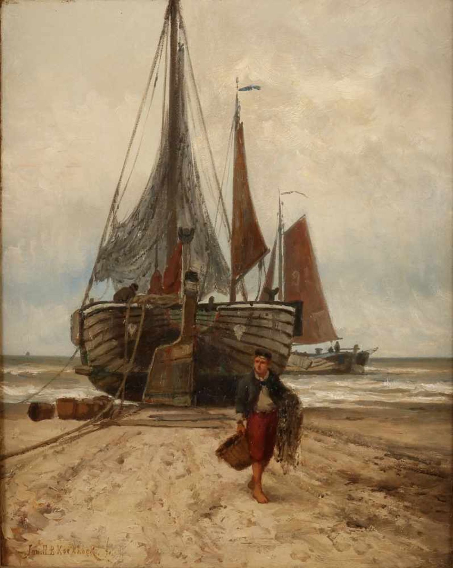 Jan H. B. Koekkoek 1840-1912 Bbomschuiten with fishermen on the beach oil on canvas 47x37 cm in good