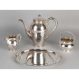 Silver coffee service, 835/000, four-piece, with a coffee pot decorated with pearl rim, MT .: