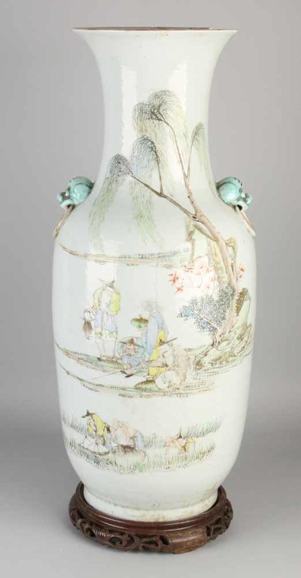 Large Chinese porcelain vase Family Rose with figures fishing and bird decor. Edge damage.
