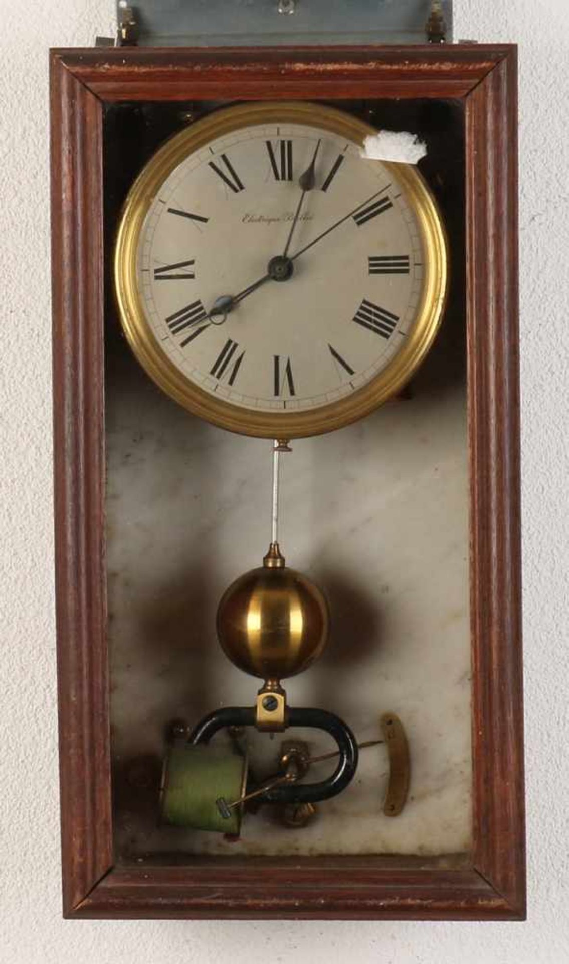 Antique French Electrique Brillie wall clock clock with oak cabinet and central seconds hand.