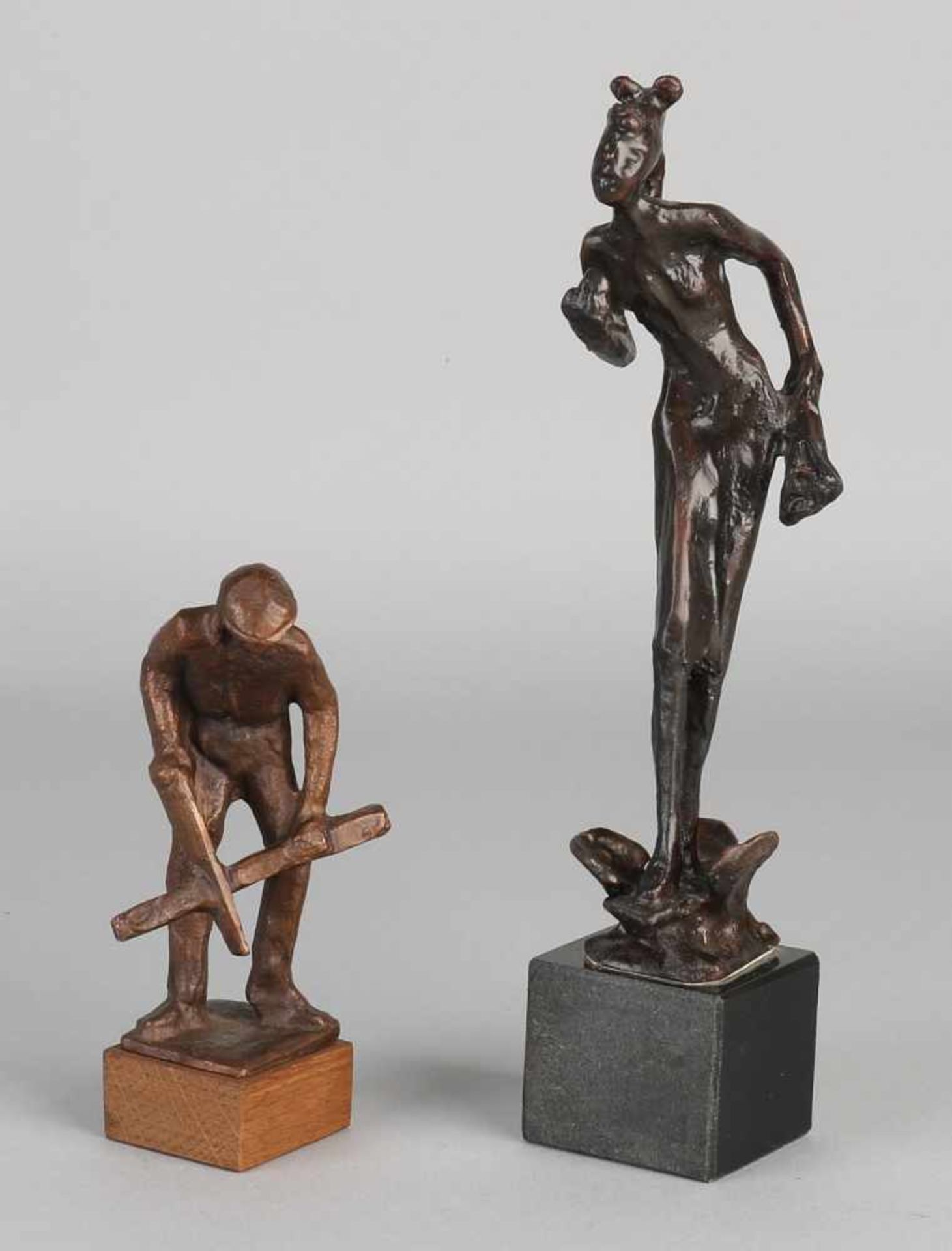 Two bronze figures, of which one monogram. Second half 20th century. Size: H 13-23 cm. In good