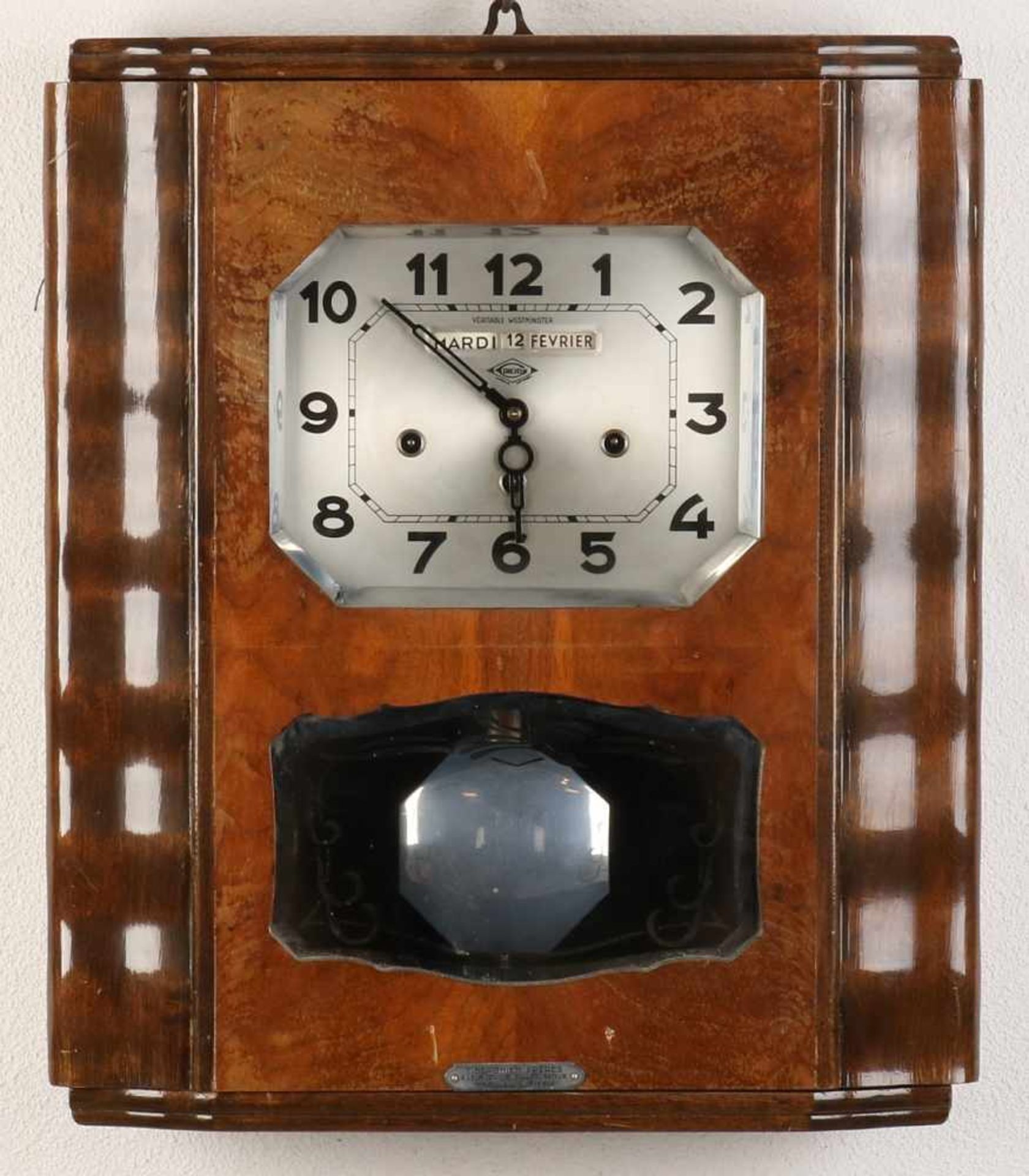 French Art Deco walnut wall clock with day, date and month. Quarter-stroke eight gong rods.
