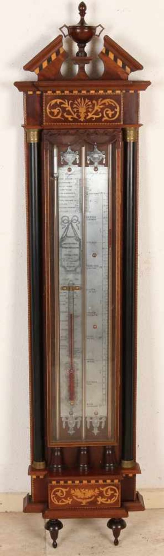 Dutch Empire executed Louis XVI style mahogany barometer with intarsia, tin plate, half-columns with