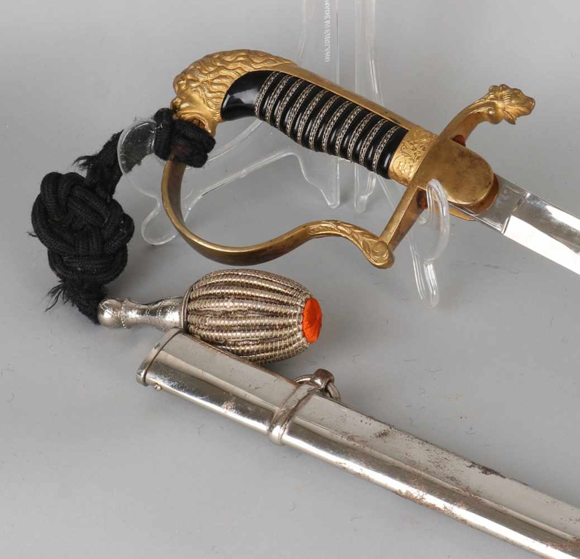 Beautiful antique Iron Hack gilded bronze naval sword with lion heads. Light oxidation sheath. - Bild 3 aus 3