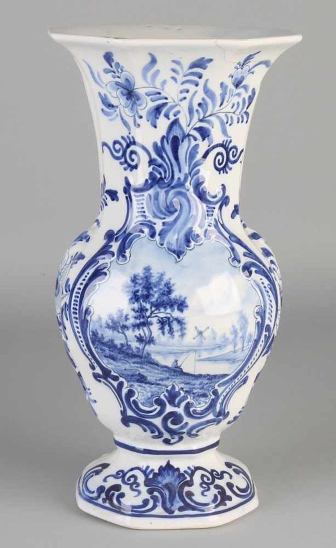 Antique Delft Fayence vase with landscape scenery. Approximately 1900. Top edge glued. Size: H 30