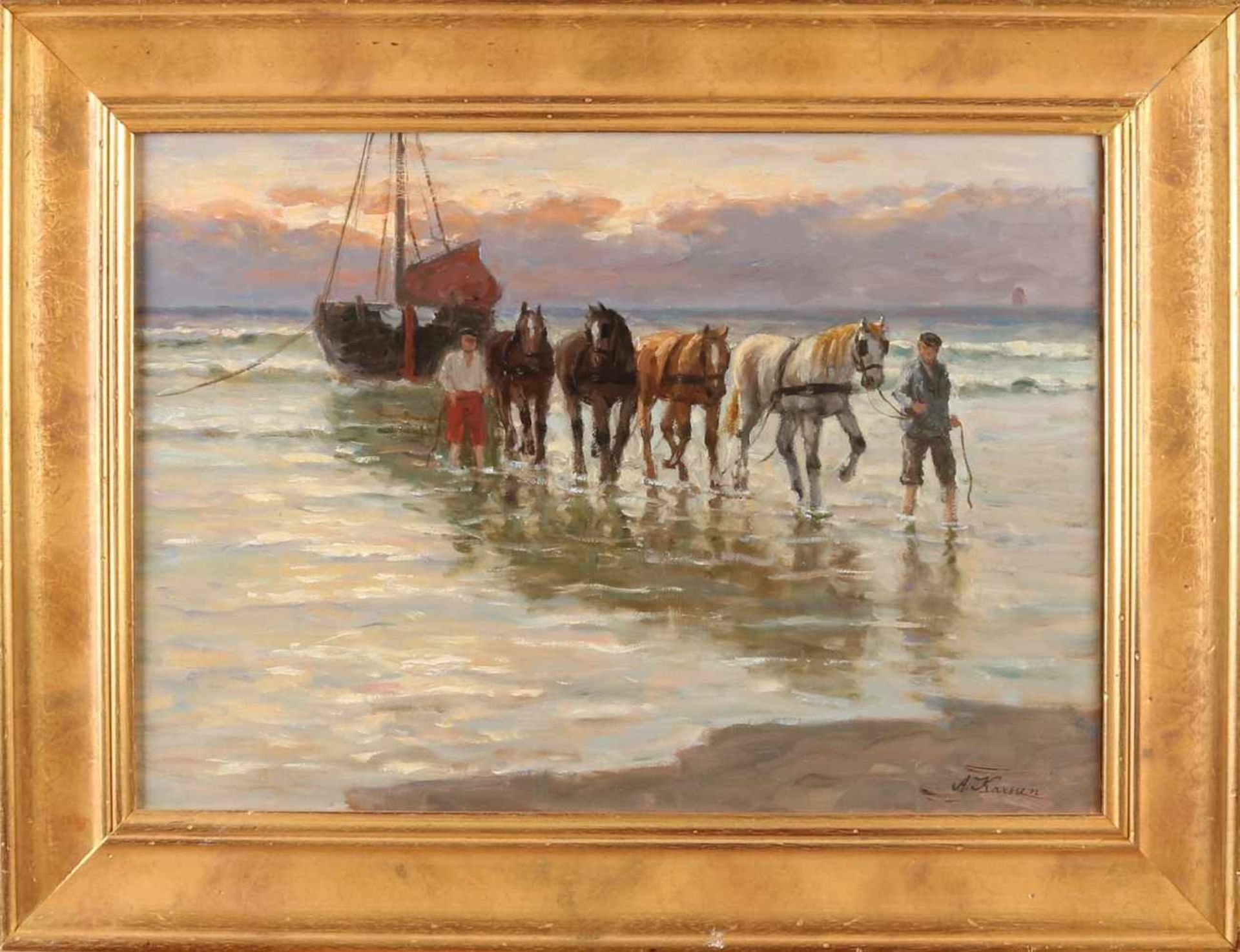 A. Karssen. 1945 - 2019 Acquisition of a fishing boat. Oil on linen. Size: 36 x H, B 50 cm. In