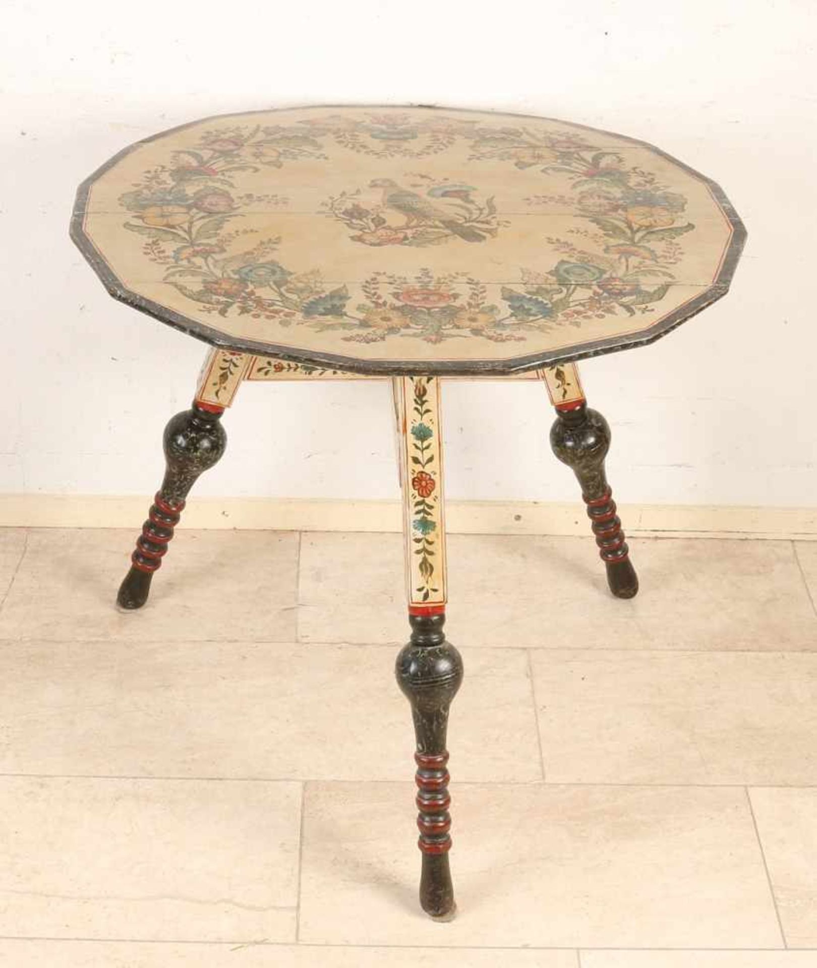 19th Century handpainted Hindeloopen table with leaf floral / parrot decor. Bottom sheet bird /