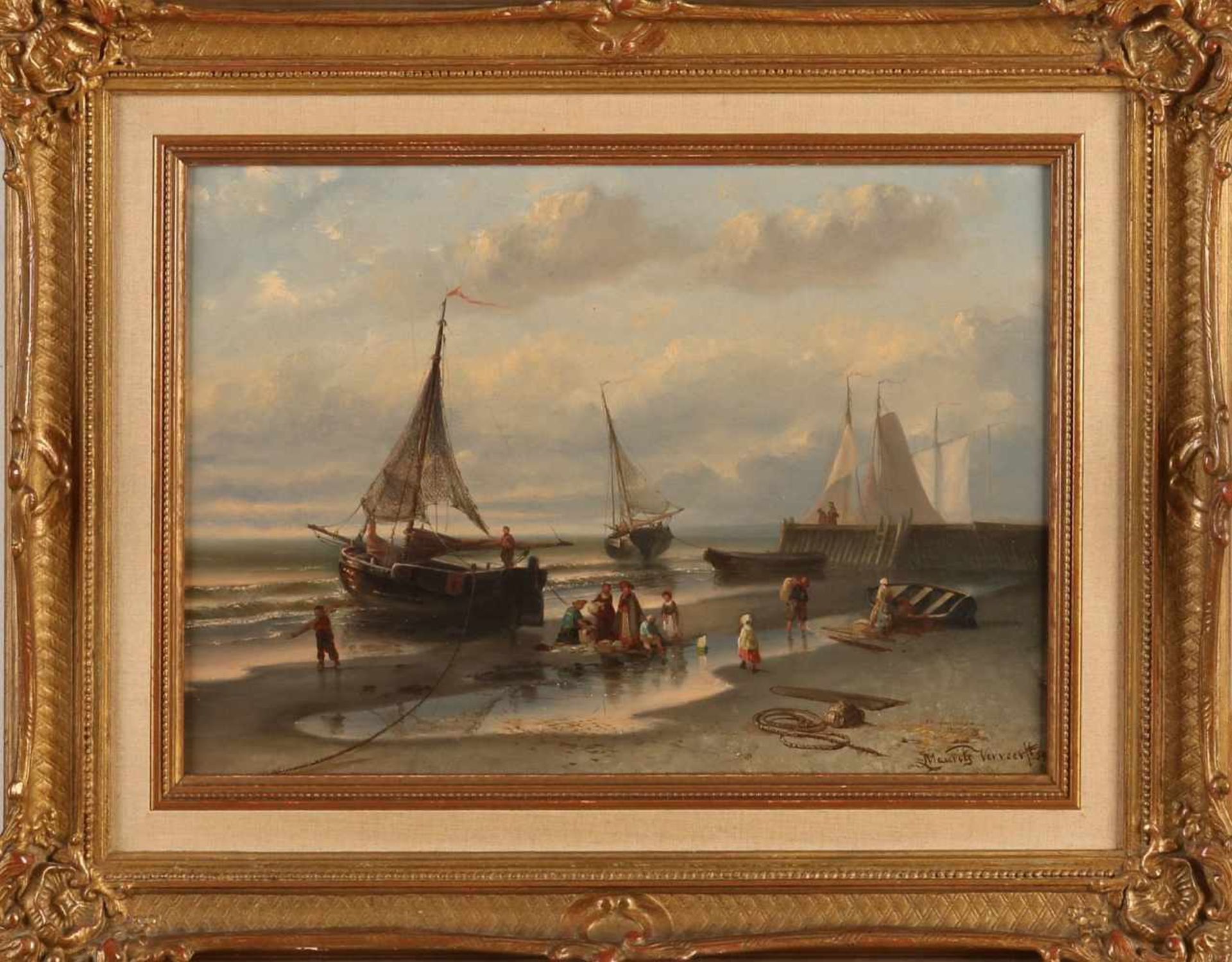 Mauritz Verveer Fecit '54. 1817 - 1903. Fisher People with boats on beach. Oil paint on panel. Size:
