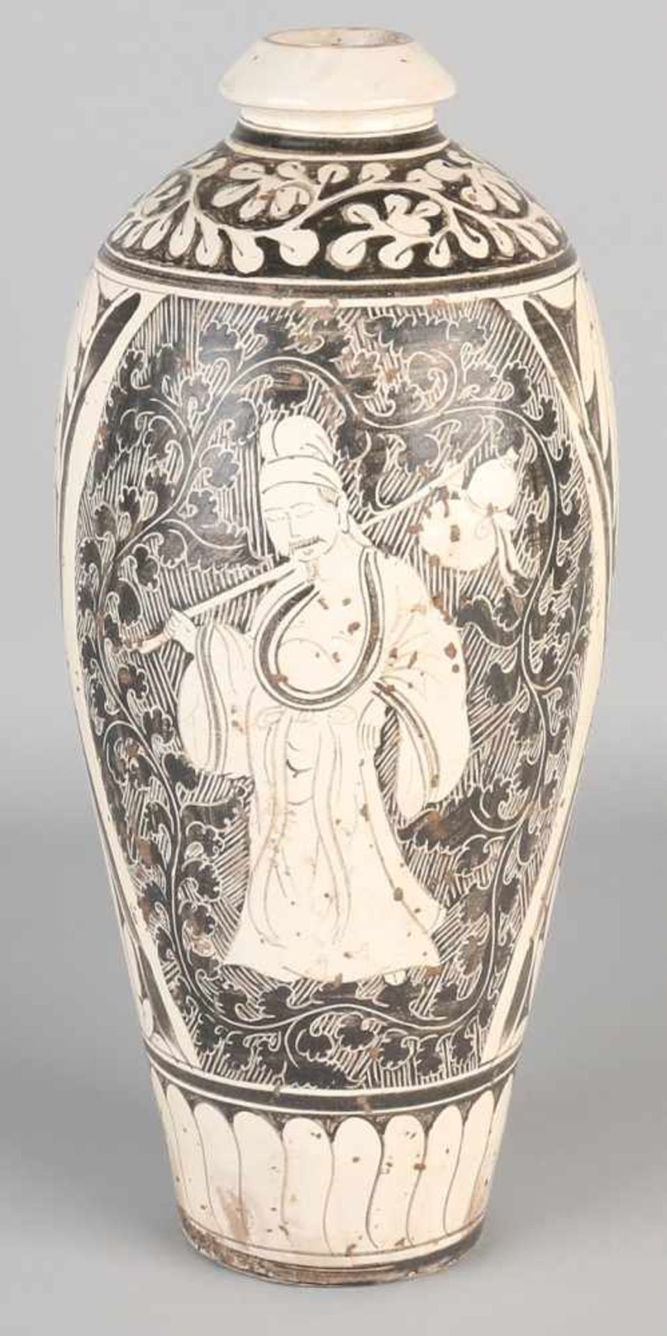 Large Chinese porcelain vase with figures and floral decoration in Sung style. 39.5x14.5Ø in good