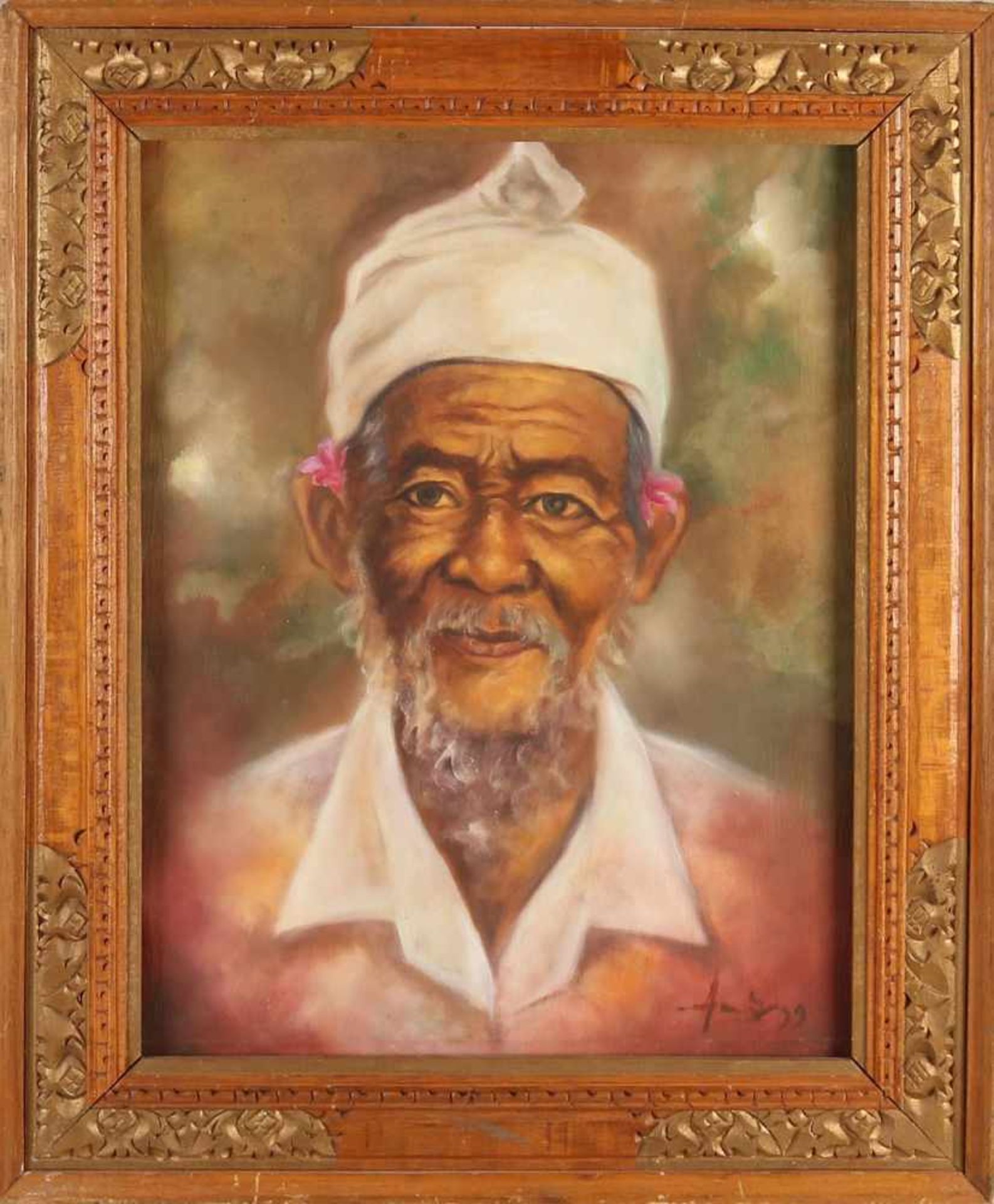 Unclear signed. Indonesian School. Portrait Indonesian man. Oil on linen. Size: 60 x H, B 50 cm.