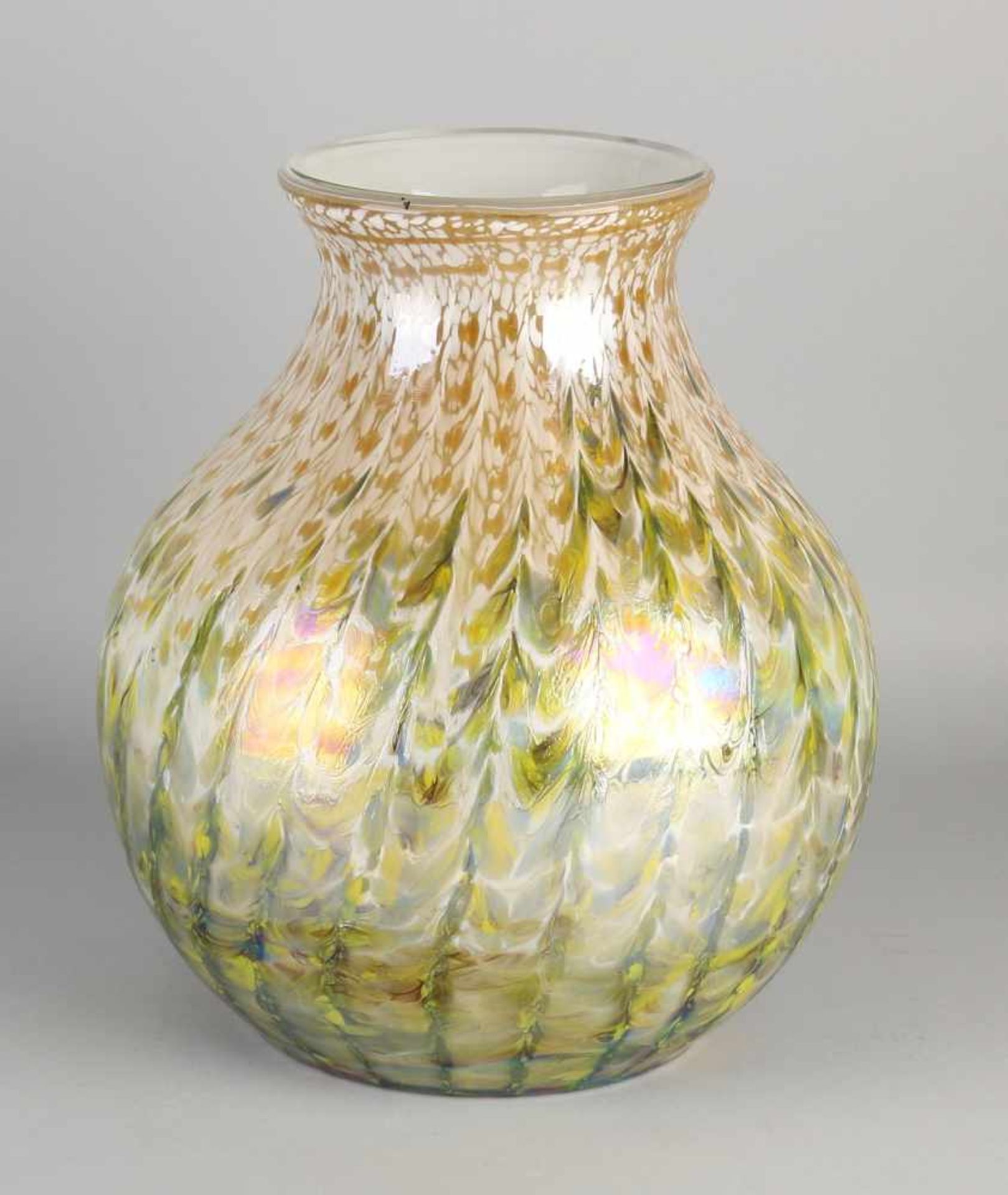 Large glass design vase with multicolored iridescent decor. 20th century. Monogrammed L.H.S. Size: H