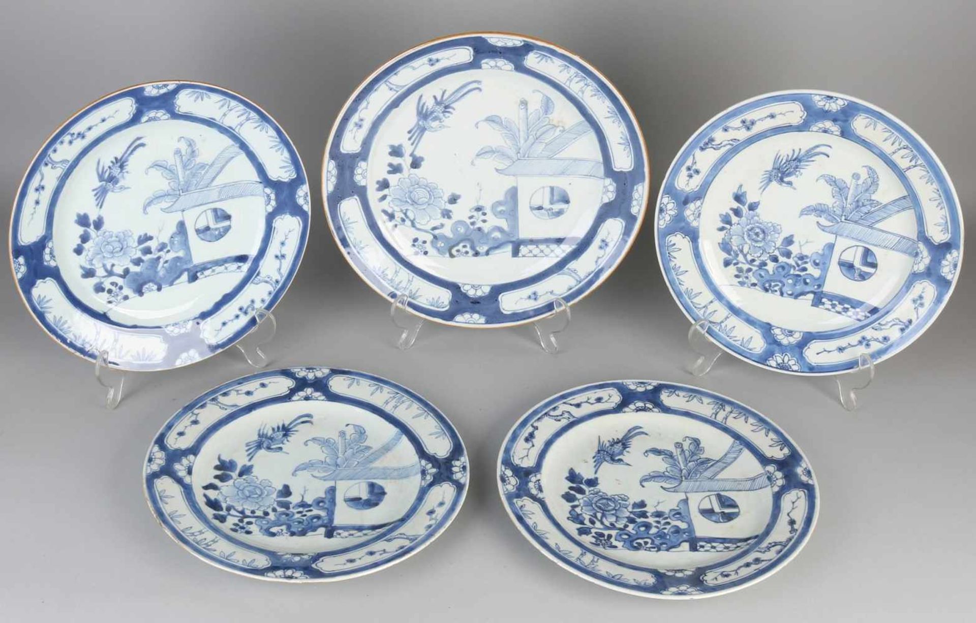 Five 18th century Chinese porcelain plates with cuckoo in cottage decor. Two plates cool, rest