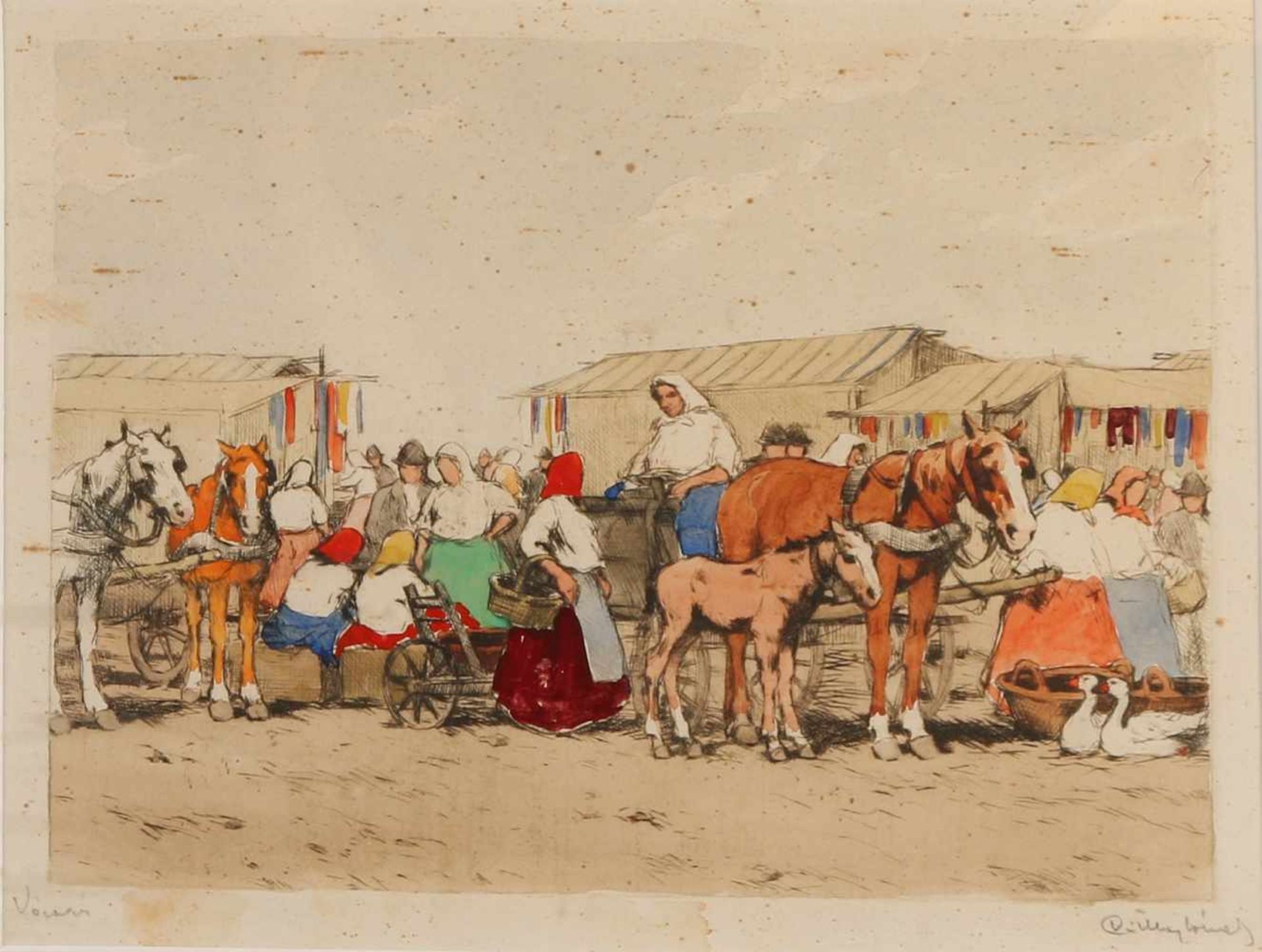 Nicht signiert signiert. 20. Jahrhundert. Ungarischer Markt. Lithographie auf Papier.