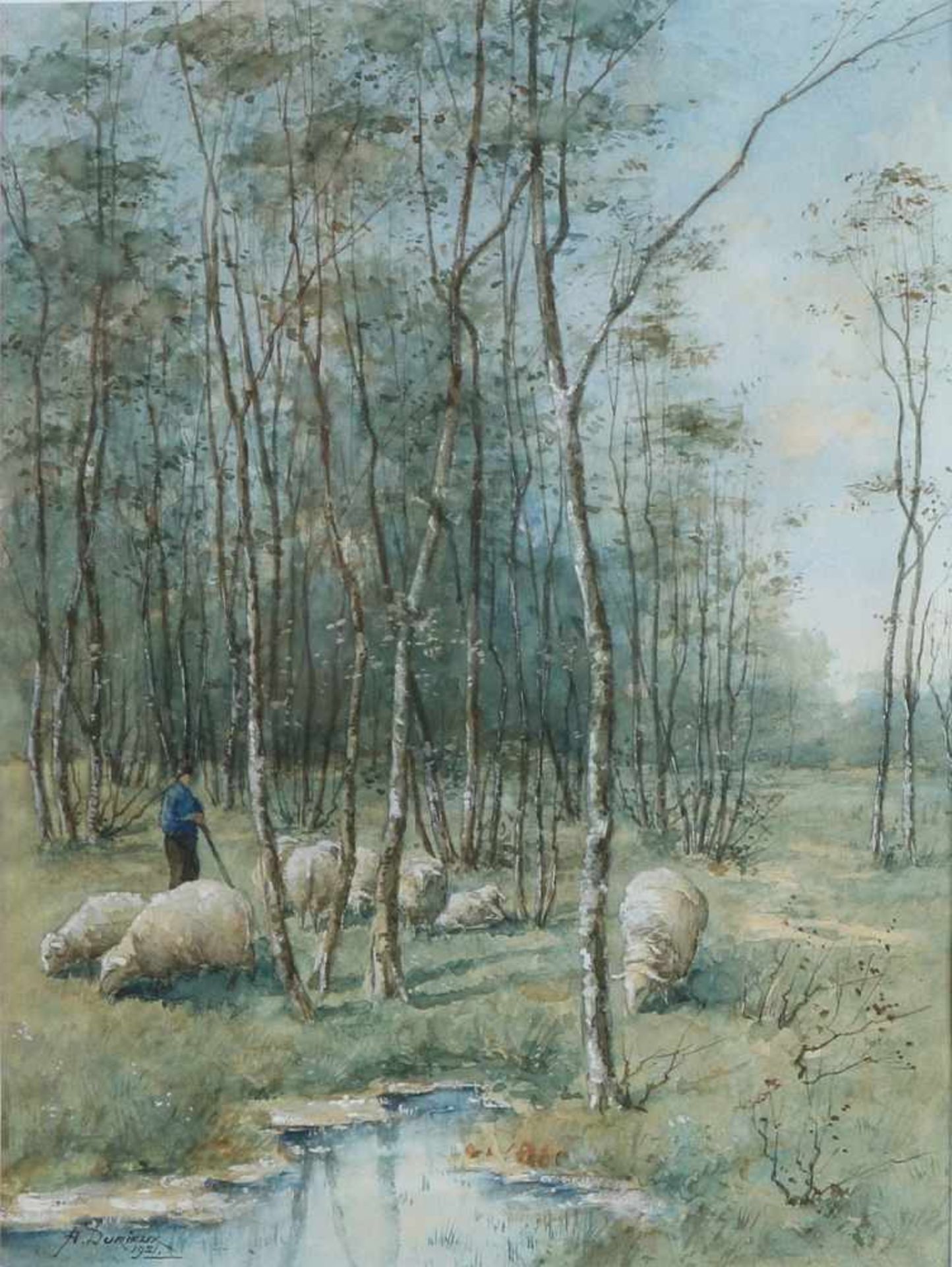 A. Durieux. (Alfred). 1921. 19. - 20. Jahrhundert. Hirte mit seinen Schafen am Waldrand. Aquarell
