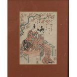 Japanischer Holzschnitt mit Text + Unterschrift. 20. Jahrhundert. Geisha spielt Flöte. Holzschnitt