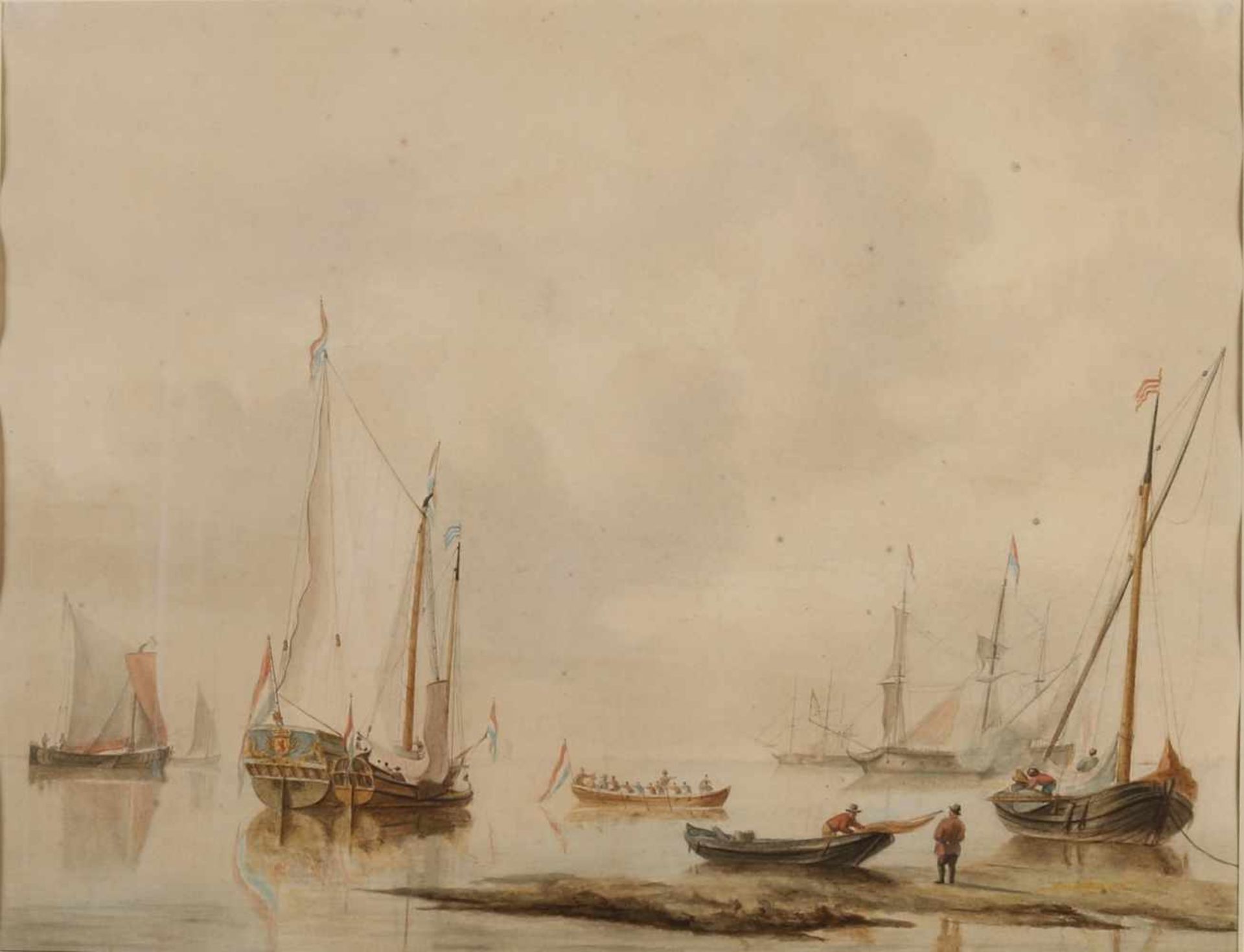 Izaak Schouman zugeschrieben. 1801 - 1878. Niederländische Schiffe auf ruhiger See. Aquarell auf