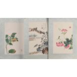 Drei japanische Holzschnitte. Unterzeichnet. Landschaft + Blumen. 20. Jahrhundert. Holzschnitte