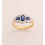 Gelbgold-Fantasiering, 750/000, mit Diamant und Saphir. Ring mit einem Gelbgoldband mit einem