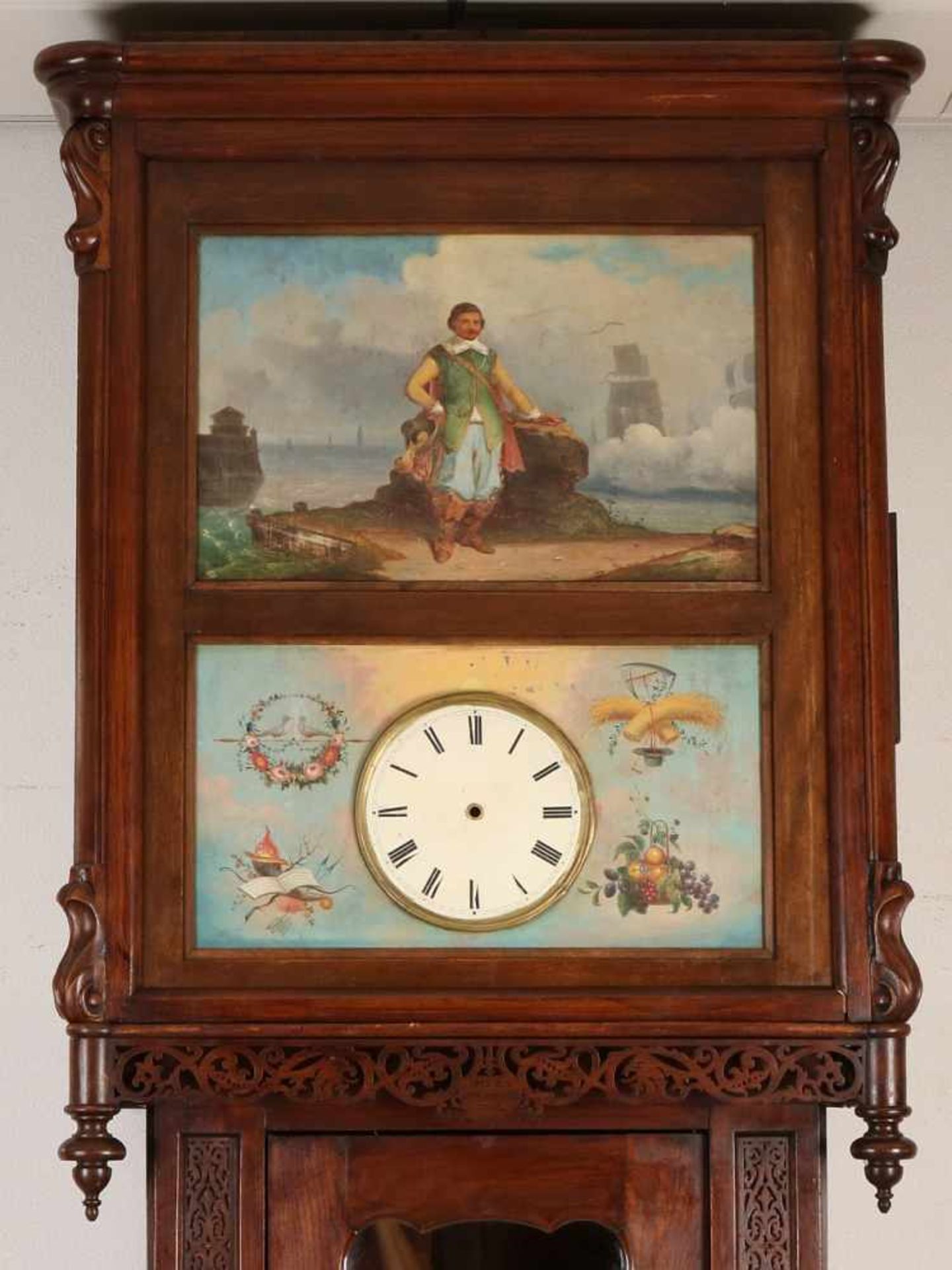 Große antike fünfteilige deutsche verstorbene Biedermeier Flöten Uhr. Obstholz. Um 1850. Mit sehr - Bild 3 aus 7