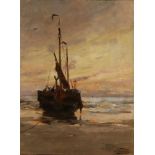 Charles P. Gruppe. 1860 - 1940. Boot mit Fischern am Strand bei Nacht. Öl auf Leinen. Abmessungen: H