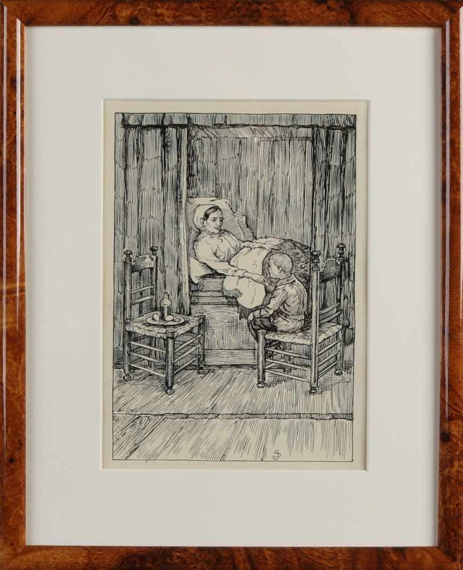 Monogramm JS 20. Jahrhundert. Mutter auf krankem Bett. Litho. Abmessungen: H 24 x B 18 cm. In