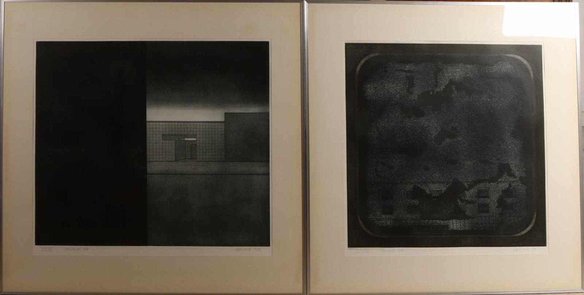 Zwei Lithographien von Tonanos 1974. Abstrakte figurative Darstellungen. Lithographien auf Papier.