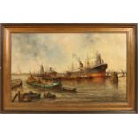 Wim Bos. 1906 - 1977. Rotterdamer Hafen mit Frachtschiffen. Öl auf Leinen. Abmessungen: H 60 x B 100