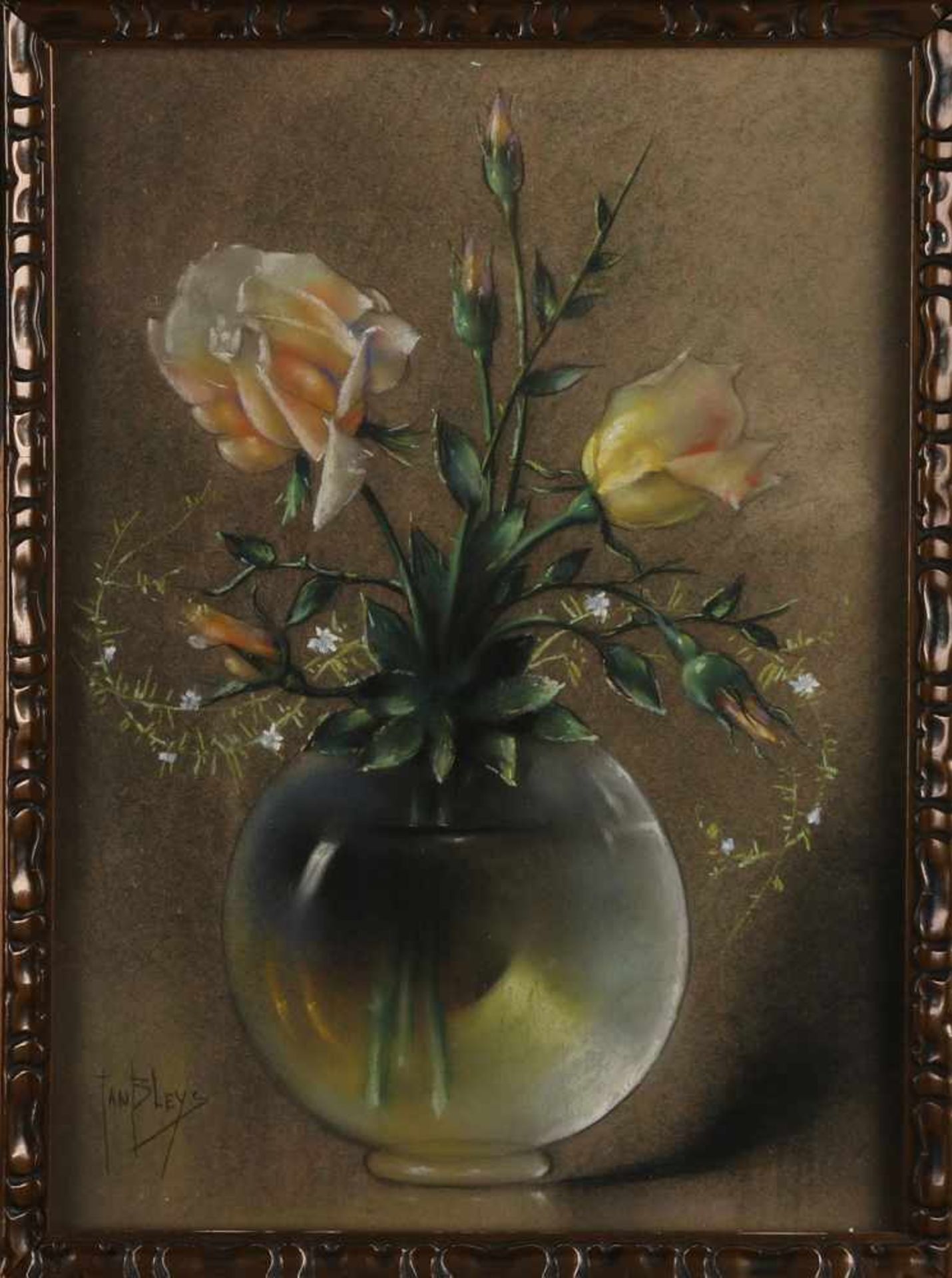 Jan Bleys. 1868 - 1952. Glaskugelvase mit gelben Rosen. Pastell auf Papier. Abmessungen: H 48 x B 34