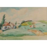 Gerrit Willem van Blaaderen. 1873 - 1935. Bauernhof in hügeliger Landschaft. Aquarell auf Papier.
