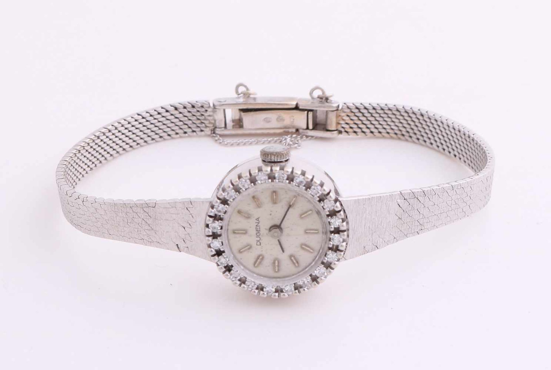 Weißgold Damenuhr, 585/000, Marke Dugena, mit Diamant. Uhr mit rundem Gehäuse, ø18 mm, besetzt mit