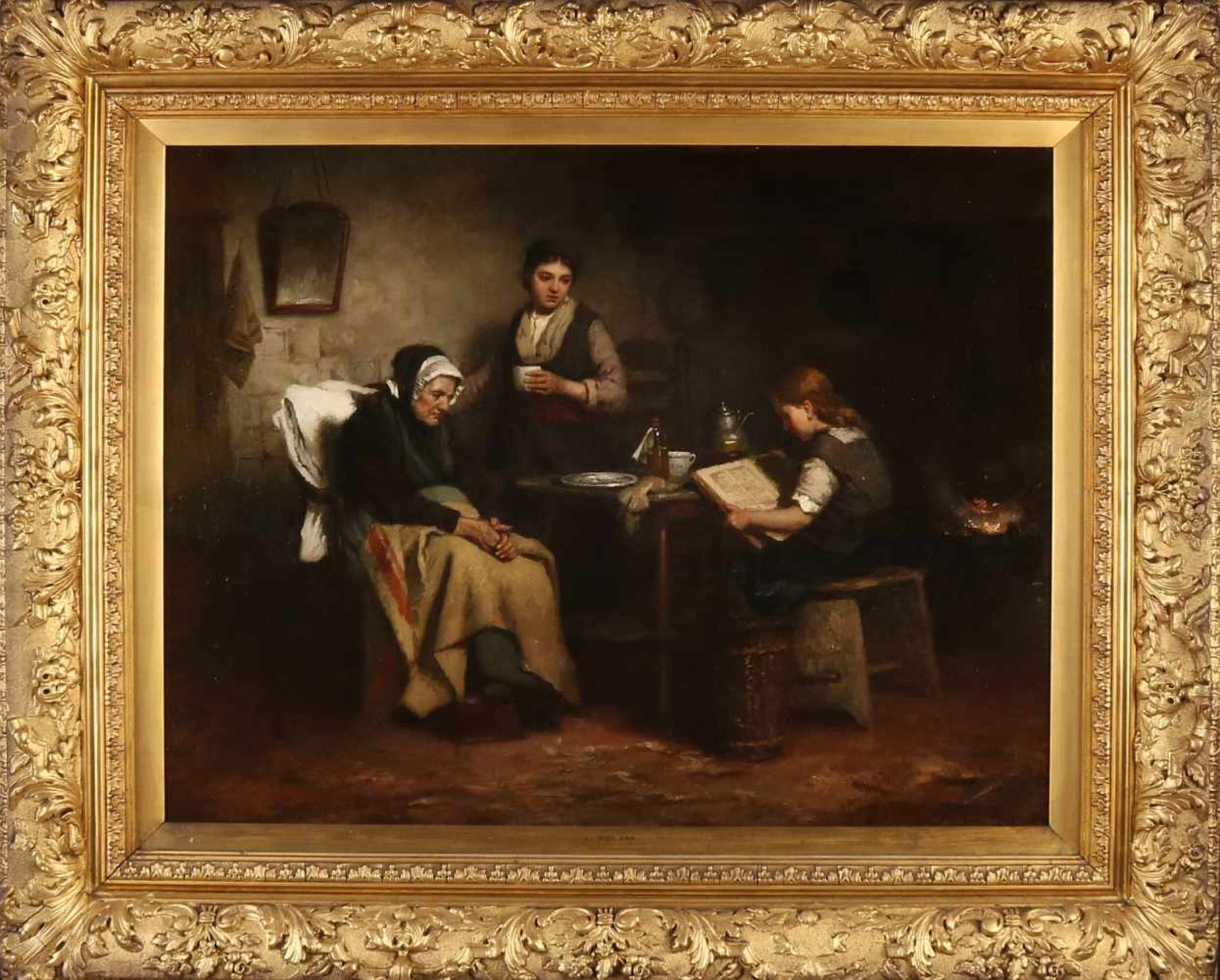 Johannes Weiland. 1856 - 1909. Bauerninnenraum mit Lesemädchen, alter Frau und junger Frau mit