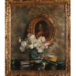 Lucy Lagtenee. 1873 -. Französische Schule. Stillleben mit Malerei, Vase und Blumen. Öl auf