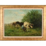 Hendrik Frauenfelder. 1885 - 1922. Bauer melkt Kühe. Öl auf Leinen. Abmessungen: H 51 x B 71 cm.