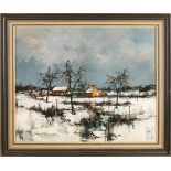 Unklar. 1973. Winterlandschaft mit Häusern. Öl auf Leinen. Abmessungen: H 40 x B 45 cm. In guter