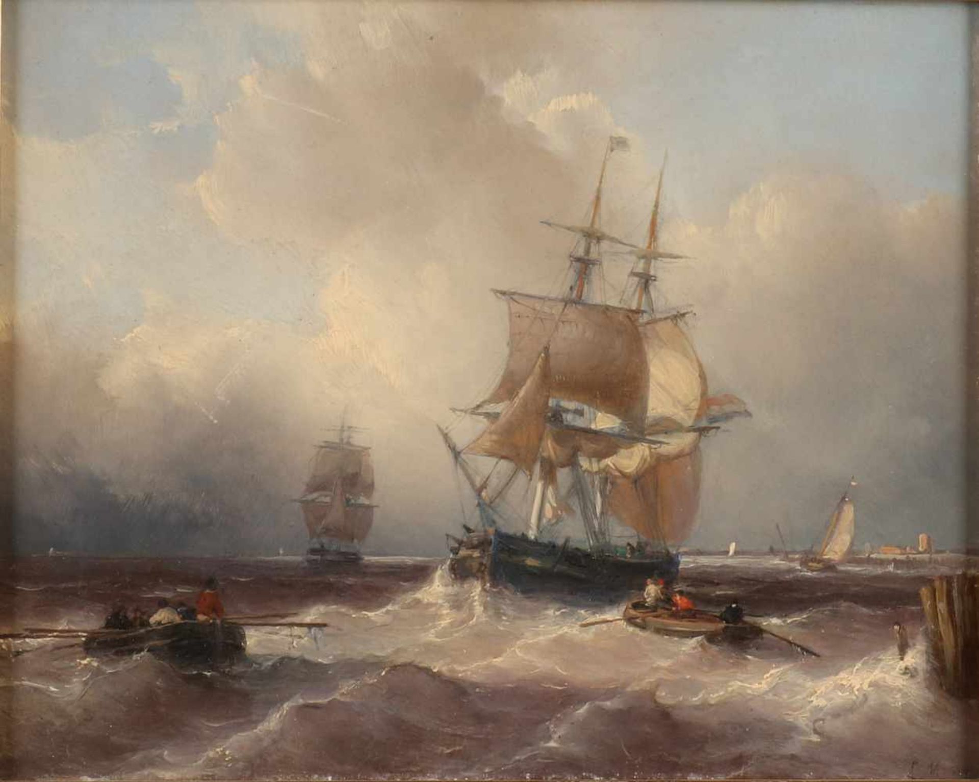 Louis Johan Hendrik Meijer. 1809 - 1866. Seelandschaft mit zwei Herren und Schaluppen mit Figuren. - Bild 3 aus 3