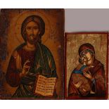 Zwei handgemalte Ikonen nach einem antiken Beispiel. 20. Jahrhundert. Abmessungen: H 18 x B 12 cm. /