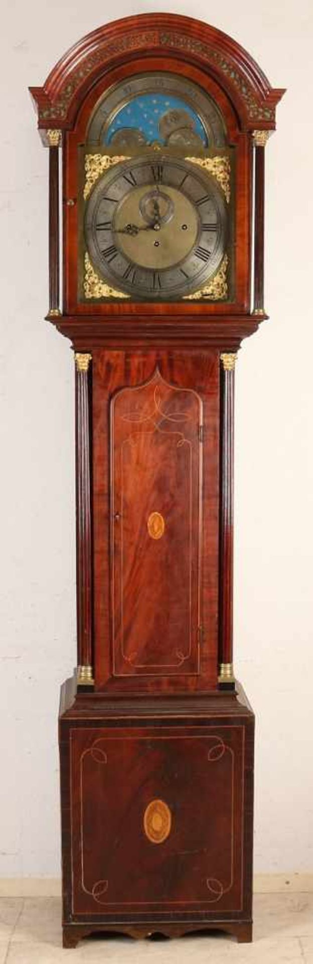 Englische Mahagoni-Standuhr aus dem 19. Jahrhundert mit acht Glocken, Viertelschlag, Sekunden und