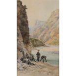 Pierre Comba. 1859 - 1934. Französische Soldaten am Bergsee. Abmessungen: H 45 x B 25 cm. In guter