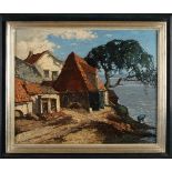 Piet Rackwitzs. 1892 - 1968. Haus mit Figur an der Küste. Öl auf Leinen. Abmessungen: H 50 x B 60