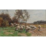 Willem Steelink. 1856-1928 Hirte mit seinen Schafen in der Landschaft. Aquarell auf Papier.