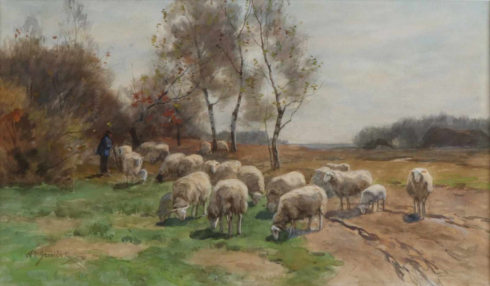 Willem Steelink. 1856-1928 Hirte mit seinen Schafen in der Landschaft. Aquarell auf Papier.
