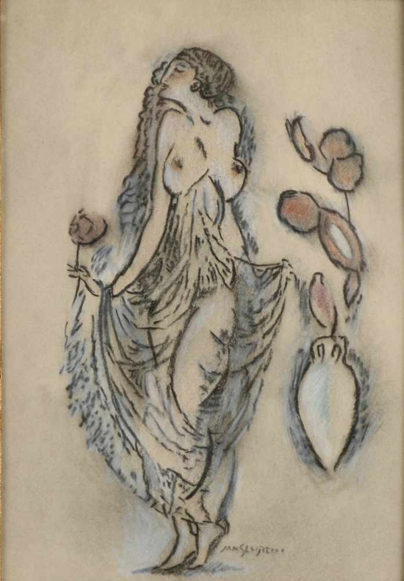 J. Sluijters. 1881 - 1957. Design Wendingen (Art-Deco-Buch). Weiblicher Akt mit Blumen. Pastell