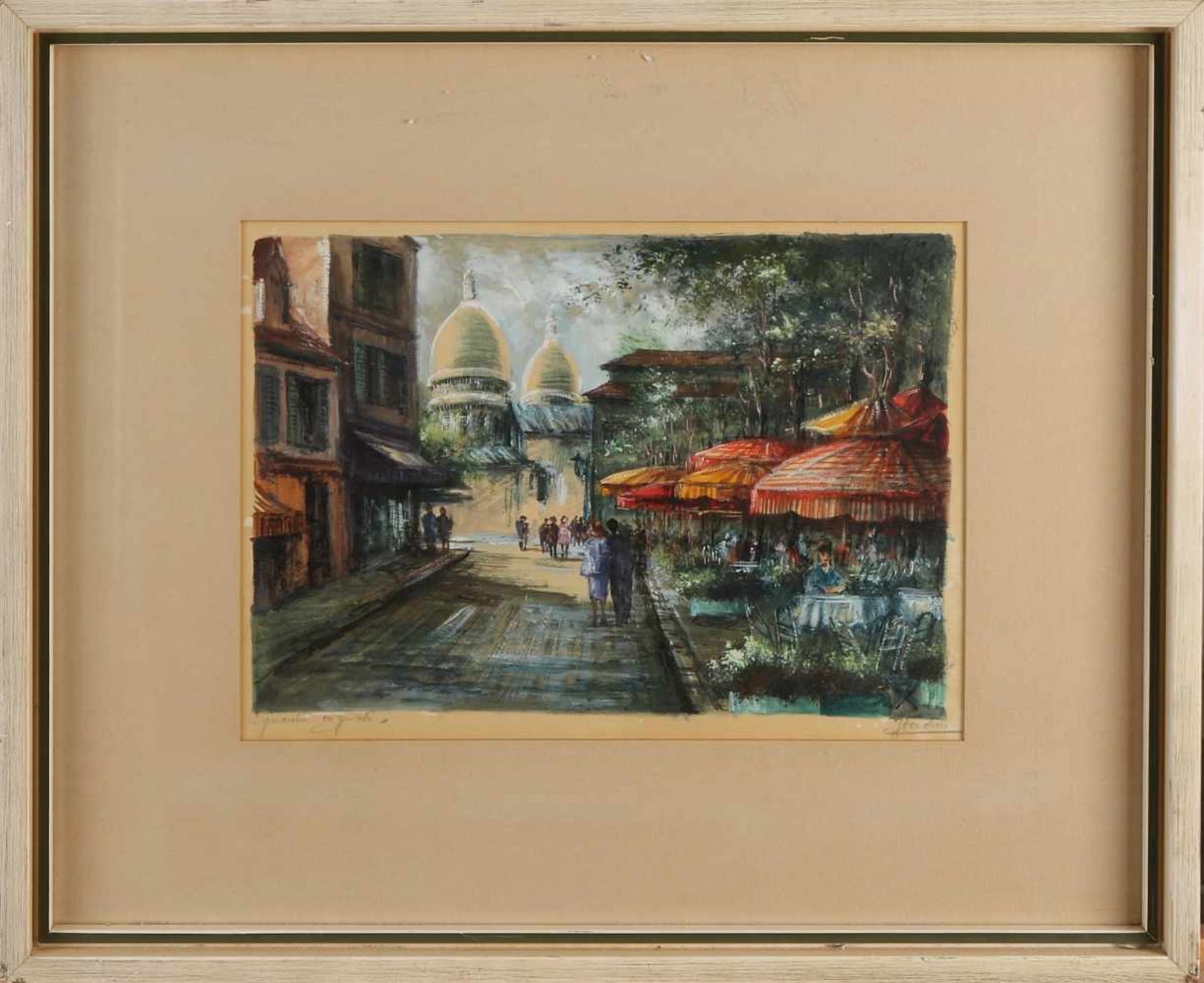 J. Jendron. 20. Jahrhundert. Stadtbild Paris mit Terrasse und Figuren. Aquarell auf Papier. - Bild 2 aus 2