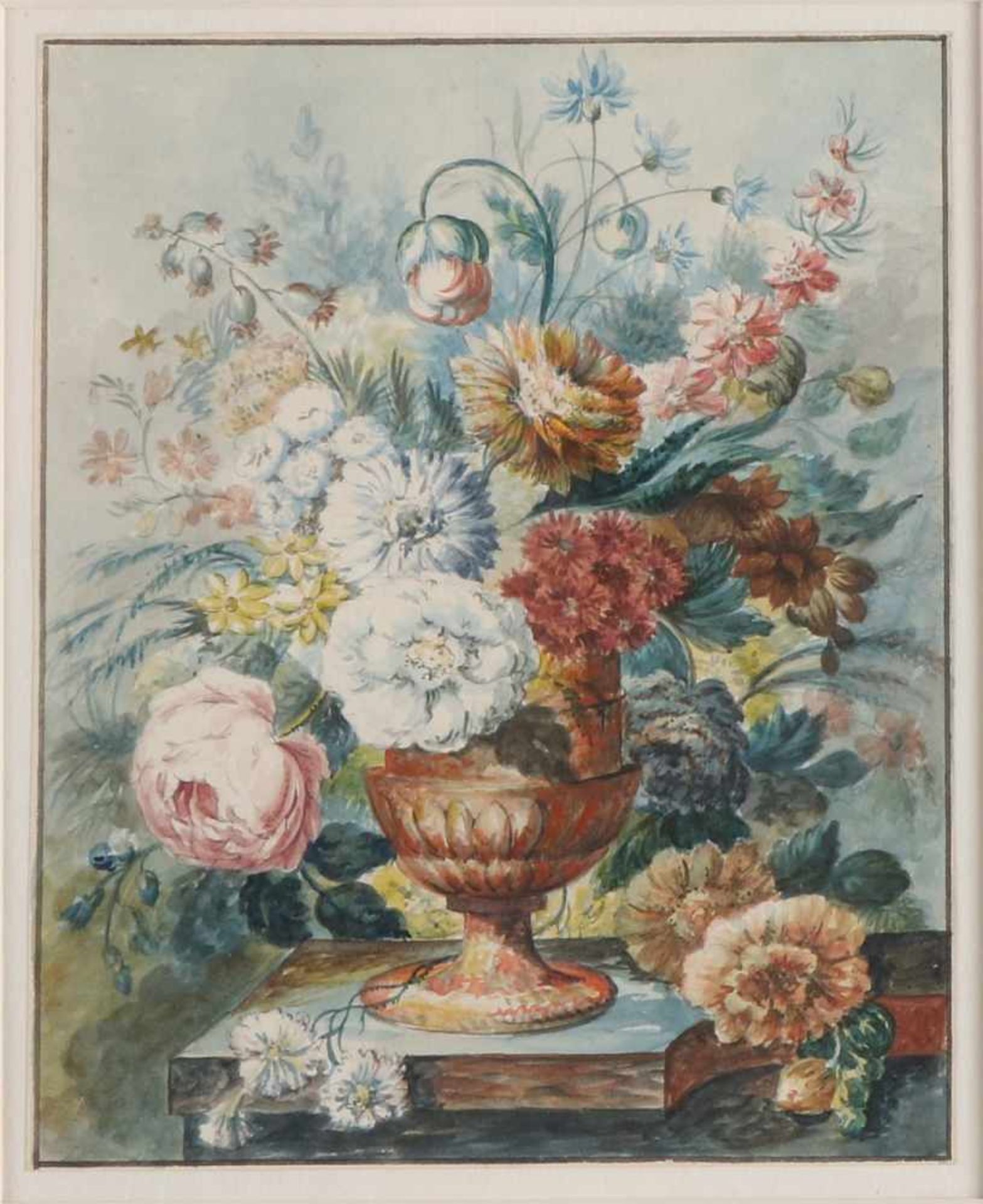 Nicht unterschrieben. 19. Jahrhundert. Vase auf dem Tisch mit Blumen. Aquarell auf Papier.