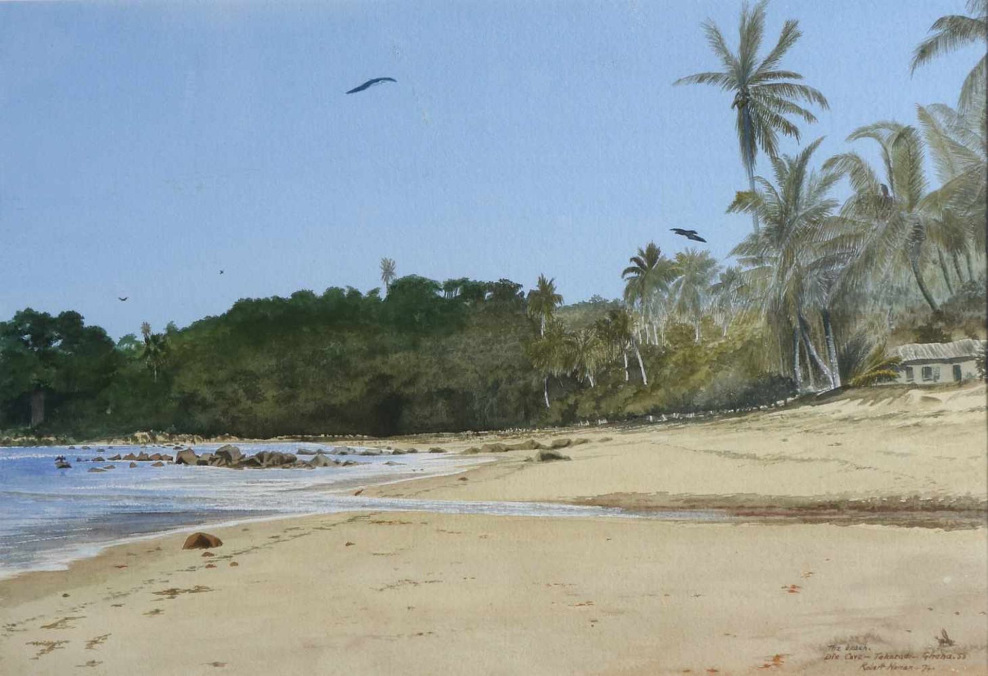 Robert Nunan, 1974. Der Strand Dix Cove Takoradi Ghana. Baaij mit Haus und Palmen. Aquarell auf