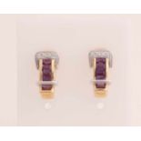 Gelbgold-Halbkreolen, 585/000, mit Amethyst und Diamant. Ohrstecker, Schnallenmodell mit einer