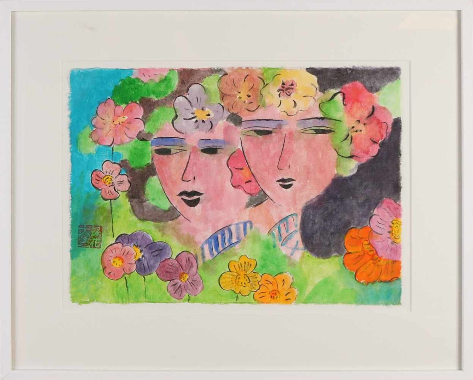 Walasse Ting. 1929 - 2010. Frauengesichter mit Blumen. Lithographie auf Papier. Abmessungen: H 30