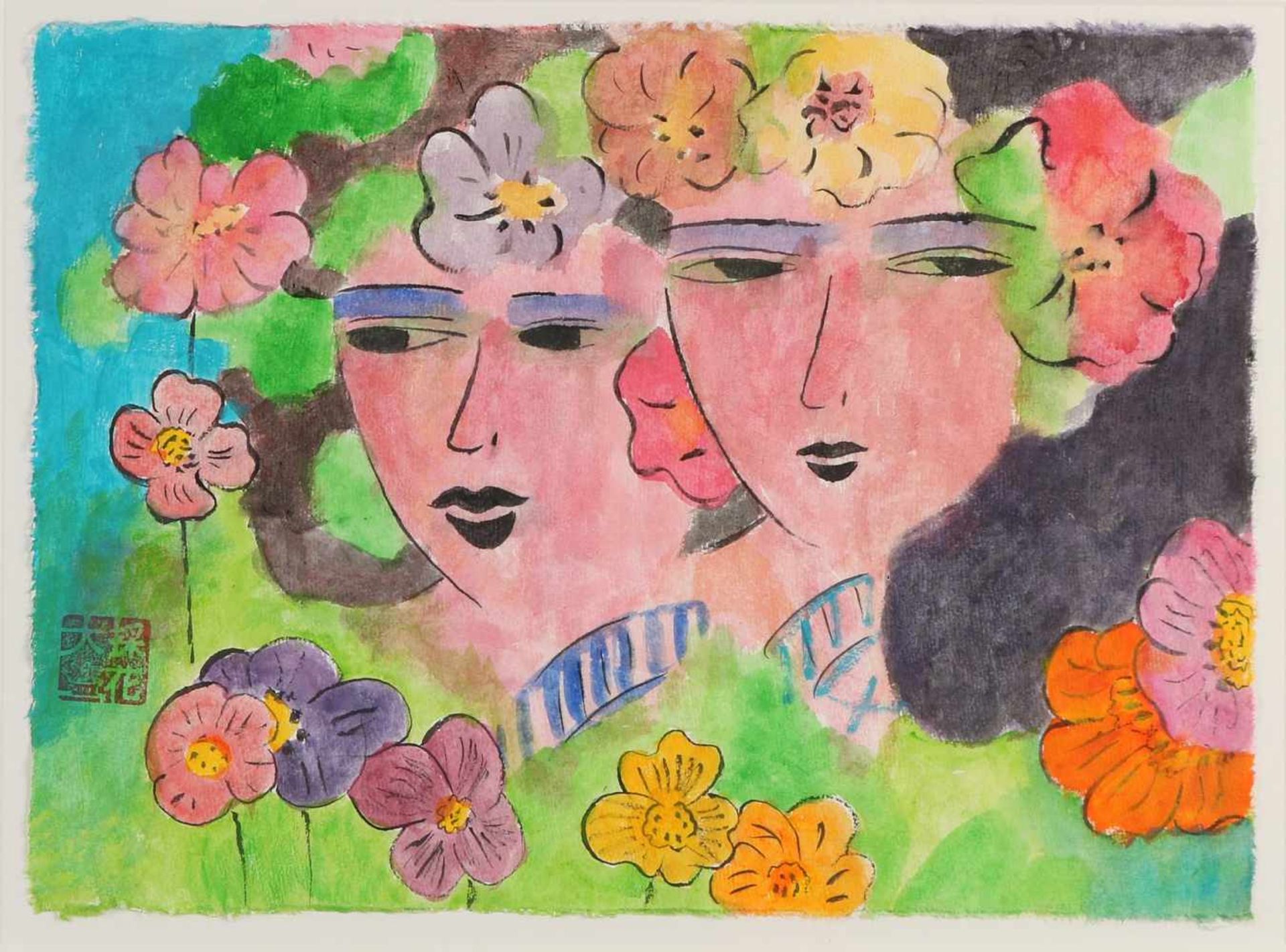 Walasse Ting. 1929 - 2010. Frauengesichter mit Blumen. Lithographie auf Papier. Abmessungen: H 30 - Image 2 of 2
