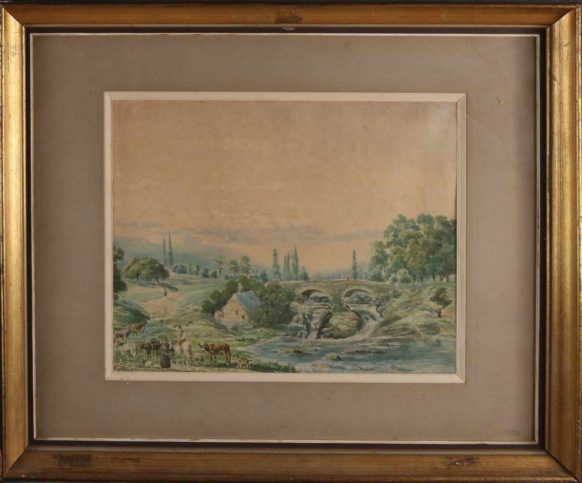 GP Verschuur, Landschaft mit Wasserfall, Hirten und Rindern. 1866. Aquarell auf Papier. Abmessungen: - Bild 2 aus 2