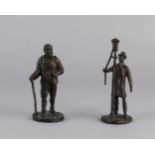 Zwei Bronzefiguren. A: Laternenzünder. Zwei: Wanderer mit Stock. 20. Jahrhundert. Größe: 14 - 15 cm.